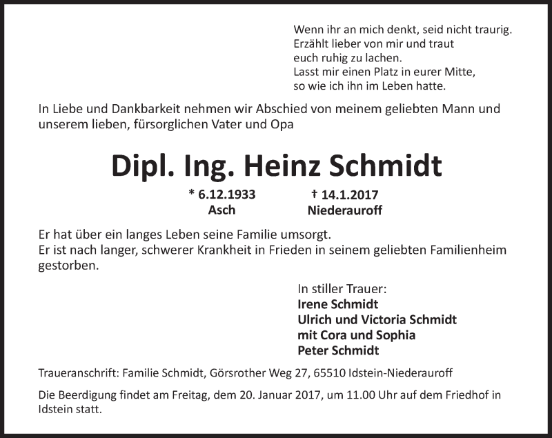  Traueranzeige für Heinz Schmidt vom 17.01.2017 aus Trauerportal Rhein Main Presse