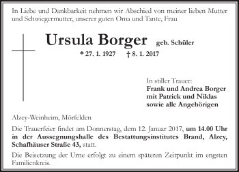 Traueranzeige von Ursula Borger von Trauerportal Rhein Main Presse