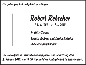 Traueranzeige von Robert Rebscher von Trauerportal Echo Online