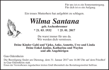 Traueranzeige von Wilma Santana von Trauerportal Rhein Main Presse