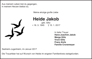 Traueranzeige von Heide Jakob von Trauerportal Echo Online