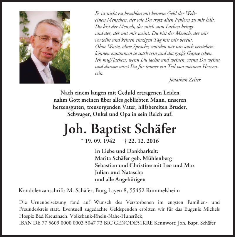  Traueranzeige für Joh. Baptist Schäfer vom 07.01.2017 aus Trauerportal Rhein Main Presse