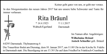 Traueranzeige von Rita Bräunl von Trauerportal Echo Online