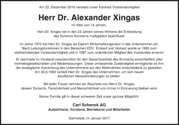 Traueranzeige von Alexander Xingas von Trauerportal Echo Online