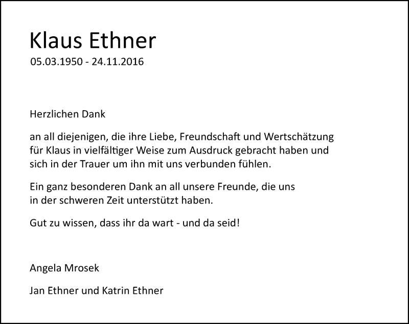  Traueranzeige für Klaus Ethner vom 07.01.2017 aus Trauerportal Echo Online