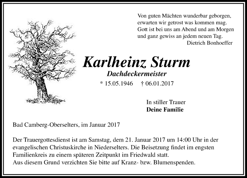  Traueranzeige für Karlheinz Sturm vom 12.01.2017 aus  Camberger Anzeiger