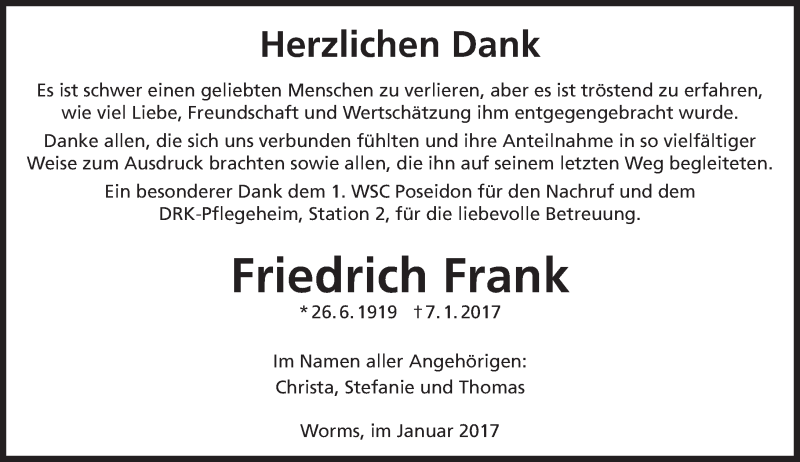  Traueranzeige für Friedrich Frank vom 28.01.2017 aus Trauerportal Rhein Main Presse