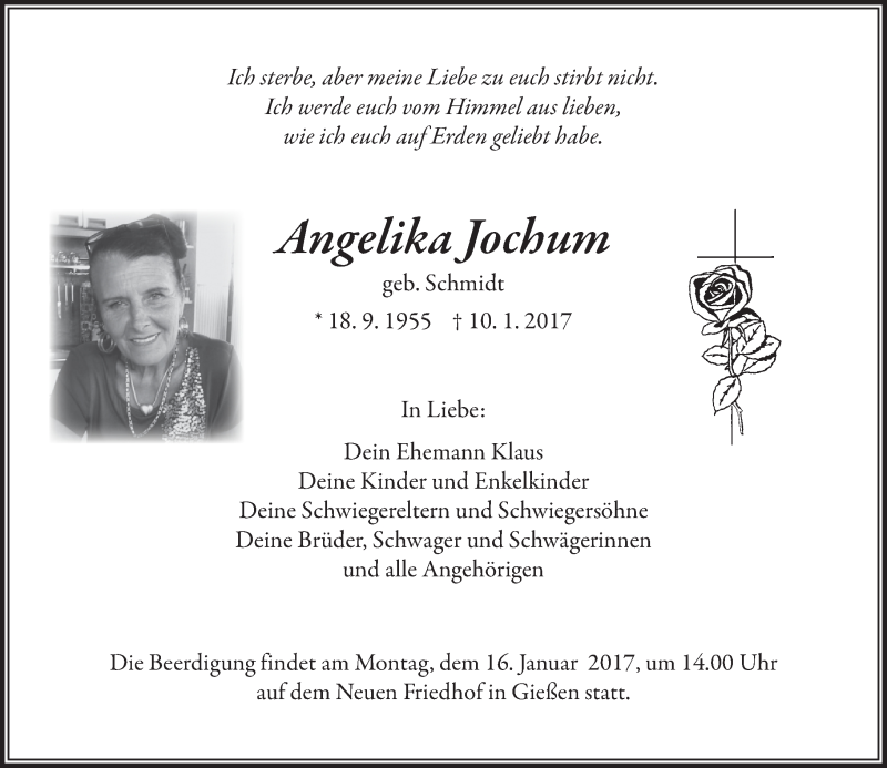  Traueranzeige für Angelika Jochum vom 14.01.2017 aus  Gießener Anzeiger