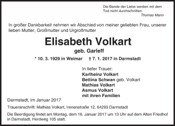 Traueranzeige von Elisabeth Volkart von Trauerportal Echo Online