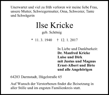 Traueranzeige von Ilse Knicke von Trauerportal Echo Online