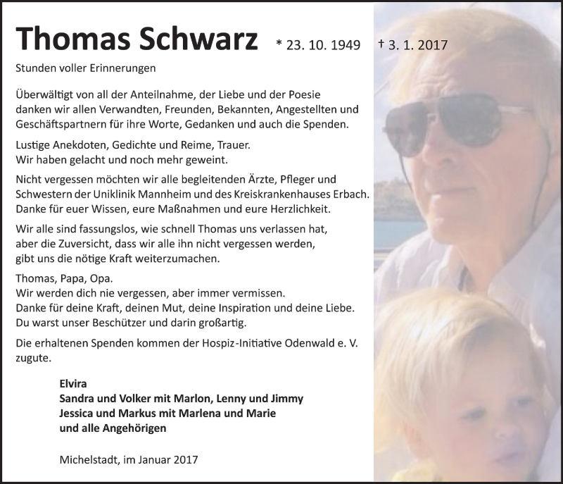  Traueranzeige für Thomas Schwarz vom 28.01.2017 aus Trauerportal Echo Online