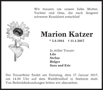 Traueranzeige von Marion Katzer von Trauerportal Echo Online