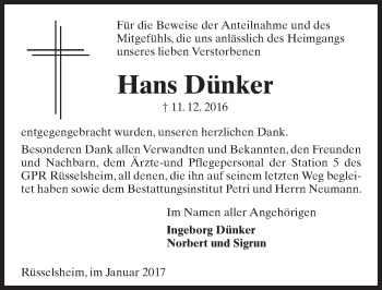 Traueranzeige von Hans Dünker von Trauerportal Rhein Main Presse