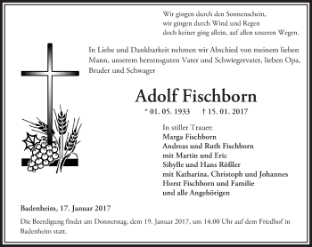 Traueranzeige von Adolf Fischborn von Trauerportal Rhein Main Presse
