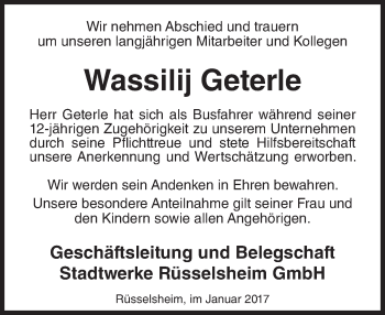 Traueranzeige von Wassilij Geterle von Trauerportal Rhein Main Presse