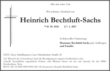 Traueranzeige von Heinrich Bechtluft-Sachs von Trauerportal Rhein Main Presse