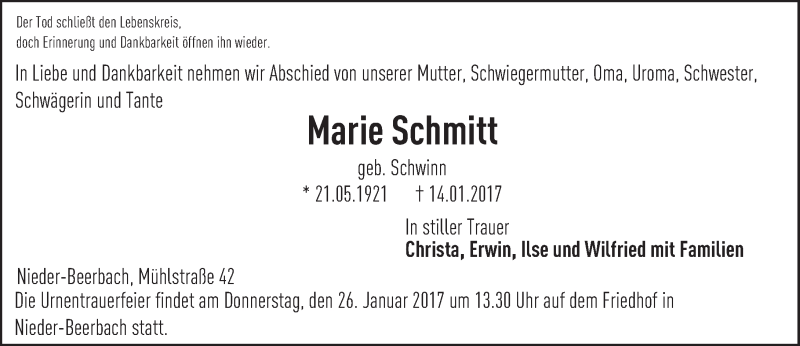  Traueranzeige für Marie Schmitt vom 25.01.2017 aus Trauerportal Echo Online