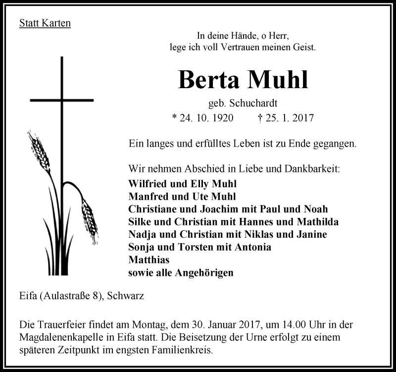  Traueranzeige für Berta Muhl vom 27.01.2017 aus  Oberhessische Zeitung