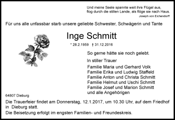 Traueranzeige von Inge Schmitt von Trauerportal Echo Online