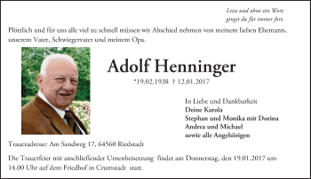 Traueranzeige von Adolf Henninger von Trauerportal Echo Online