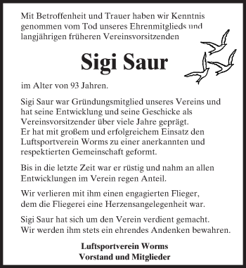 Traueranzeige von Siggi Saur von Trauerportal Rhein Main Presse