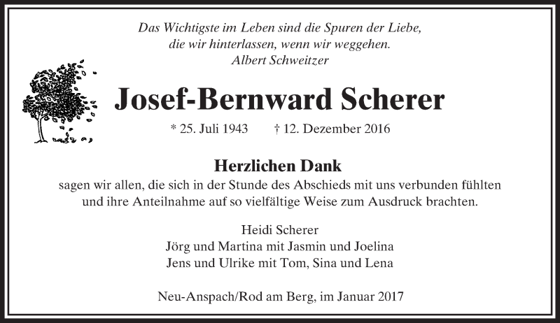  Traueranzeige für Josef-Bernward Scherer vom 14.01.2017 aus  Usinger Anzeiger