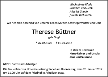Traueranzeige von Therese Büttner von Trauerportal Echo Online
