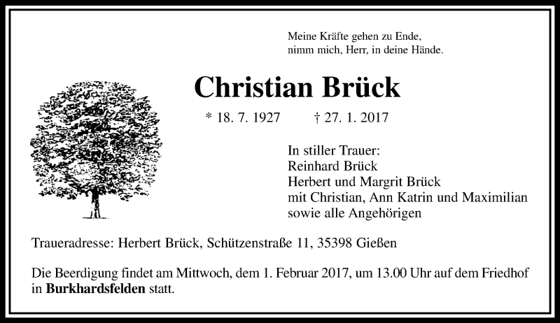  Traueranzeige für Christian Brück vom 30.01.2017 aus  Gießener Anzeiger