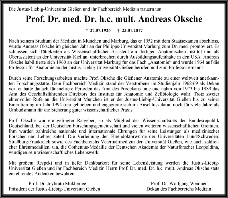  Traueranzeige für Andreas Oksche vom 28.01.2017 aus  Gießener Anzeiger