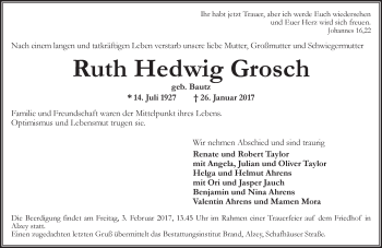 Traueranzeige von Ruth Hedwig Grosch von Trauerportal Rhein Main Presse