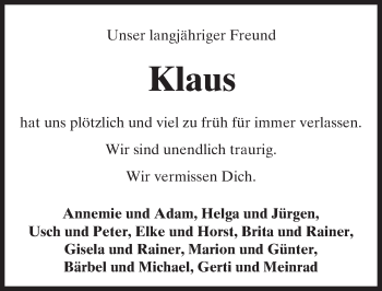 Traueranzeige von Klaus  von Trauerportal Rhein Main Presse