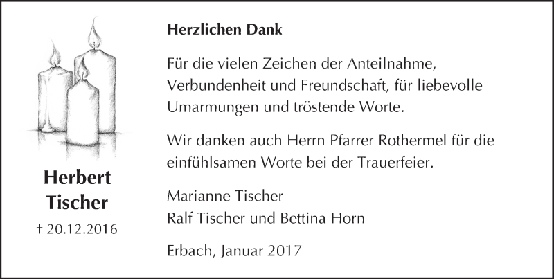 Traueranzeige für Herbert Tischer vom 28.01.2017 aus Trauerportal Echo Online