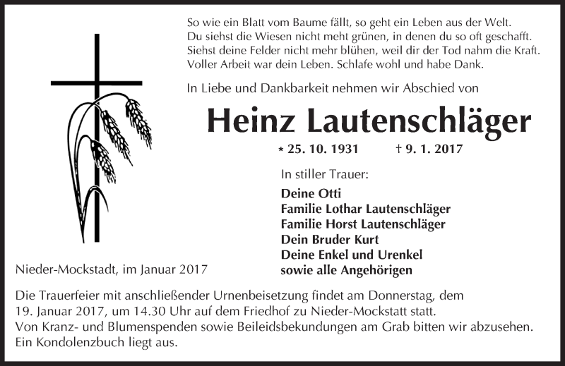  Traueranzeige für Heinz Lautenschläger vom 16.01.2017 aus  Kreisanzeiger