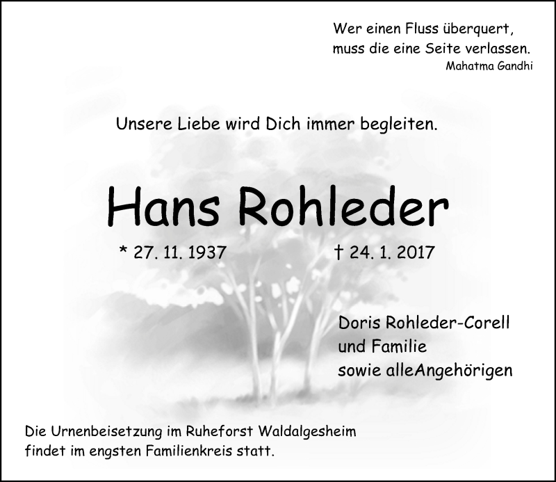  Traueranzeige für Hans Rohleder vom 28.01.2017 aus Trauerportal Rhein Main Presse