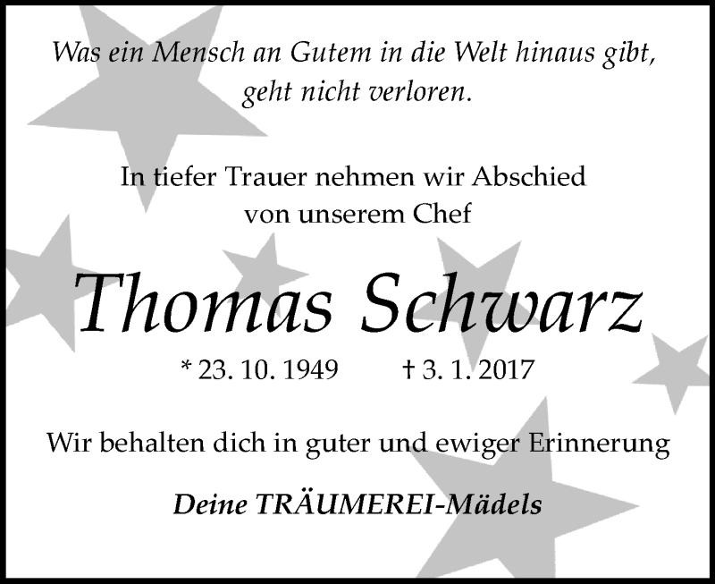  Traueranzeige für Thomas Schwarz vom 06.01.2017 aus Trauerportal Echo Online