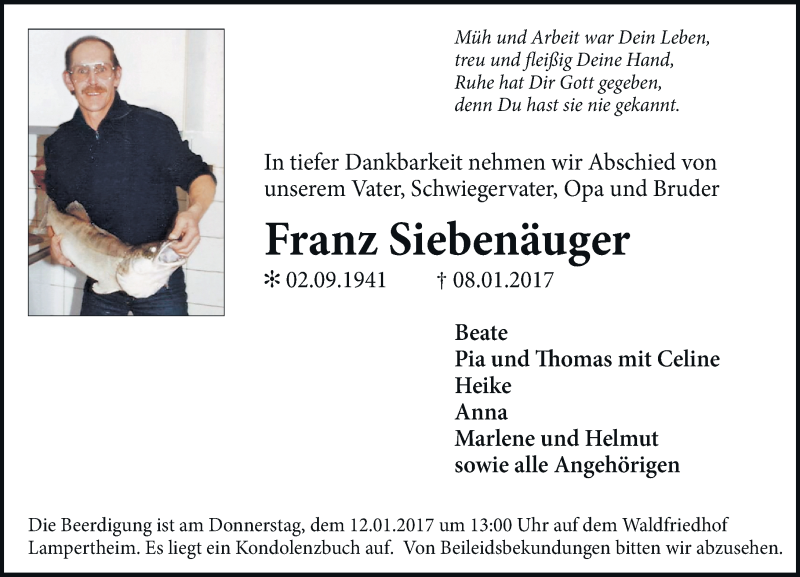  Traueranzeige für Franz Siebenäuger vom 11.01.2017 aus Trauerportal Echo Online
