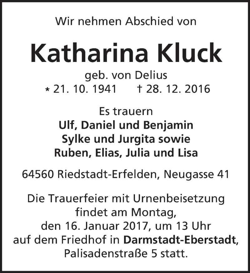  Traueranzeige für Katharina Kluck vom 11.01.2017 aus Trauerportal Echo Online