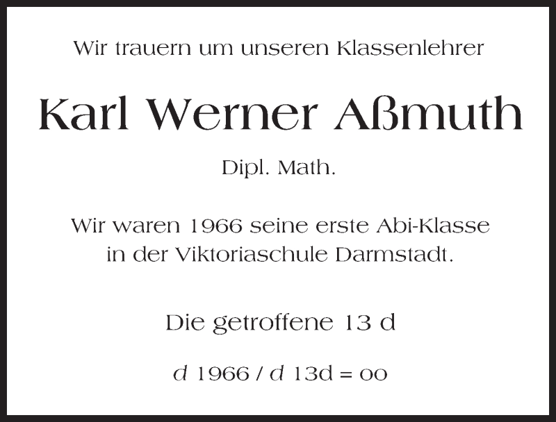 Traueranzeige für Karl Werner Aßmuth vom 11.01.2017 aus Trauerportal Echo Online