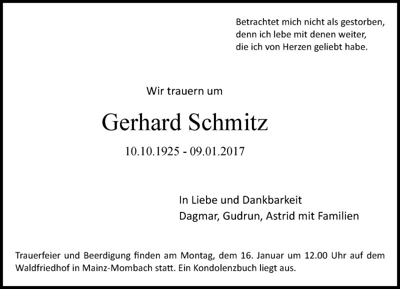  Traueranzeige für Gerhard Schmitz vom 14.01.2017 aus Trauerportal Rhein Main Presse