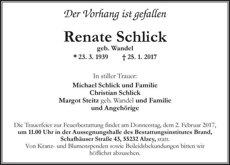  Traueranzeige für Renate Schlick vom 27.01.2017 aus Trauerportal Rhein Main Presse