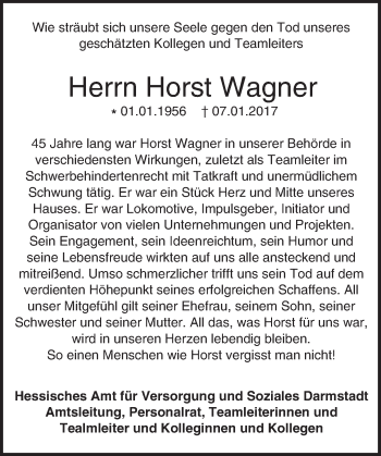 Traueranzeige von Horst Wagner von Trauerportal Echo Online