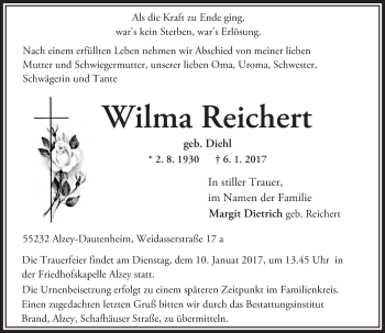 Traueranzeige von Wilma Reichert von Trauerportal Rhein Main Presse