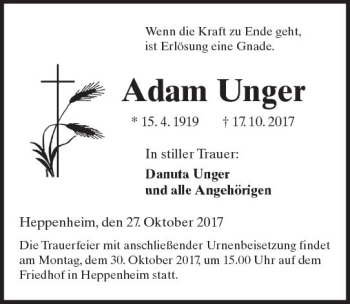 Traueranzeige von Adam Unger von Trauerportal Echo Online