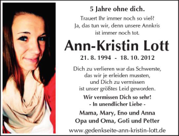 Traueranzeige von Ann-Kristin Lott von  Kreisanzeiger