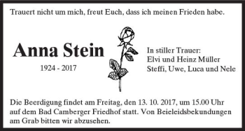 Traueranzeige von Anna Stein von  Camberger Anzeiger