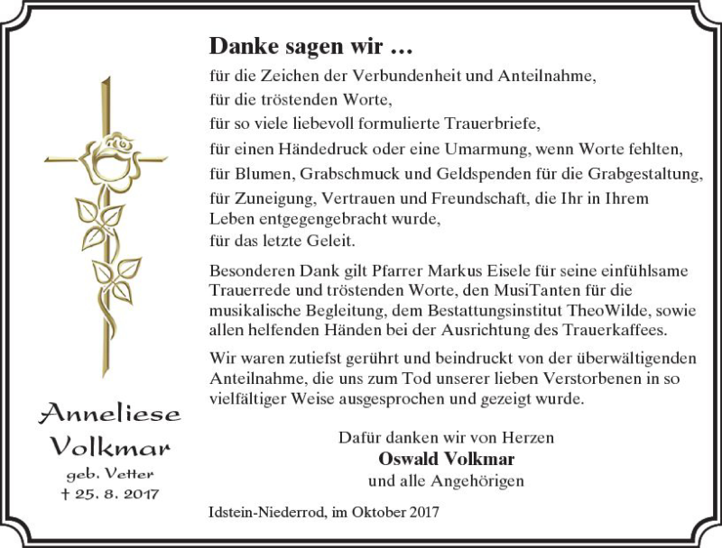  Traueranzeige für Anneliese Volkmar vom 07.10.2017 aus Trauerportal Rhein Main Presse
