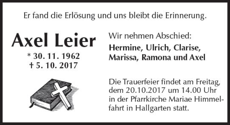  Traueranzeige für Axel  Leier vom 14.10.2017 aus Trauerportal Rhein Main Presse