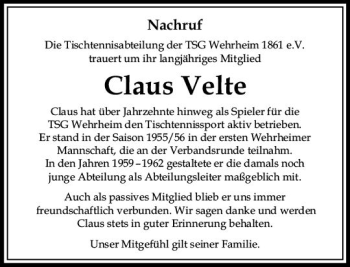Traueranzeige von Claus Velte von  Usinger Anzeiger