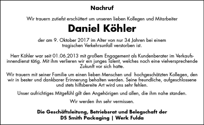  Traueranzeige für Daniel Köhler vom 19.10.2017 aus  Lauterbacher Anzeiger