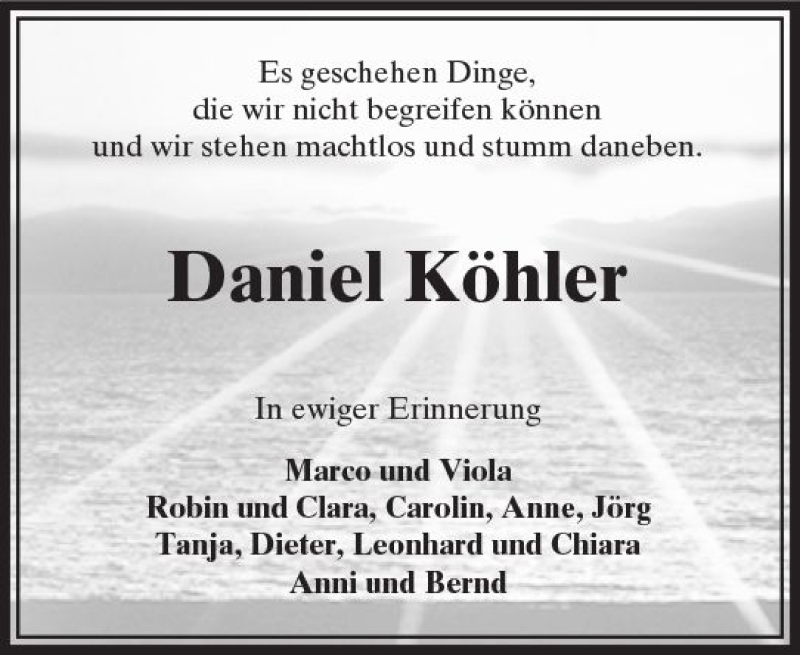  Traueranzeige für Daniel Köhler vom 20.10.2017 aus  Lauterbacher Anzeiger